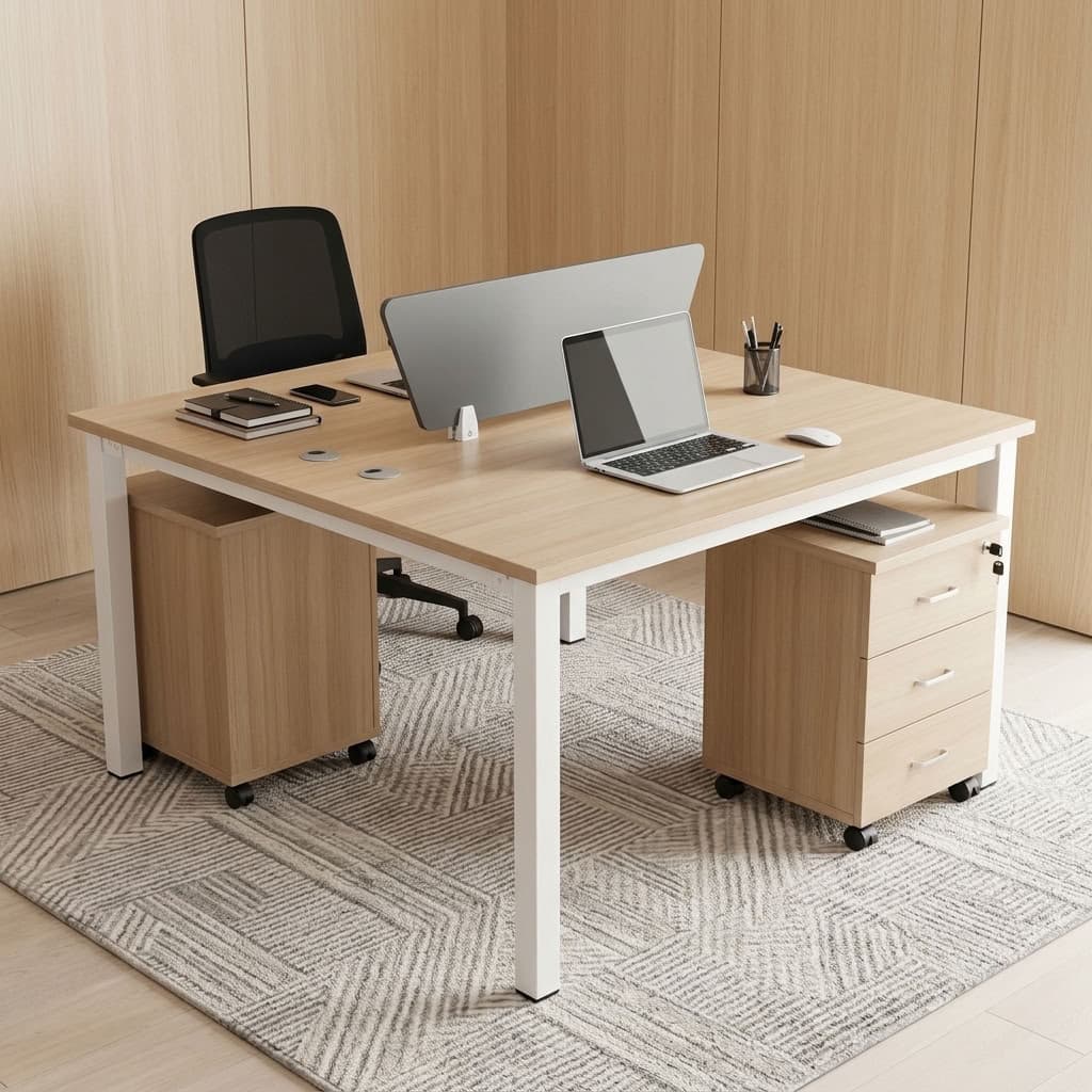 2-Person Office Workstation Desk with light wood-grain desktop, grey central privacy divider, white metal frame, cable openings and mobile storage pedestals.