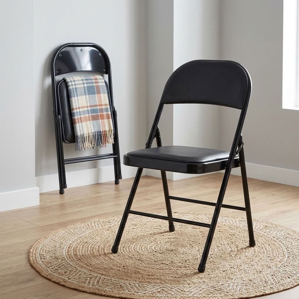 Portable Black Folding Chair with padded black seat, curved cushioned backrest, tubular metal frame, folding supports and protective leg caps.