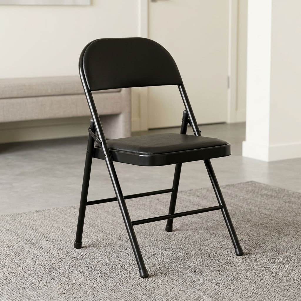 Portable Black Folding Chair with padded black seat, curved cushioned backrest, tubular metal frame, folding supports and protective leg caps.