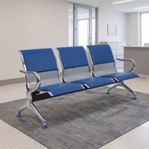 3 Link Hospital Waiting Bench with three blue padded seats and backrests, perforated metal panels, curved chrome armrests and polished metal legs.