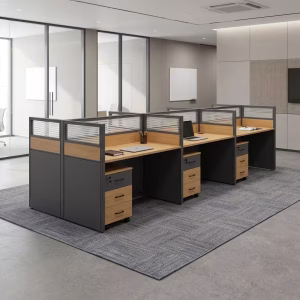 6-Seater Office Workstation with six wood-finish desktops, black structural panels, privacy partitions with horizontal inserts and individual drawer storage units.