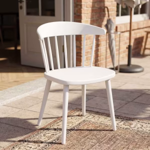 Modern White Plastic Cafe Chair with a smooth molded seat, curved top backrest, vertical back slats and four angled white legs.