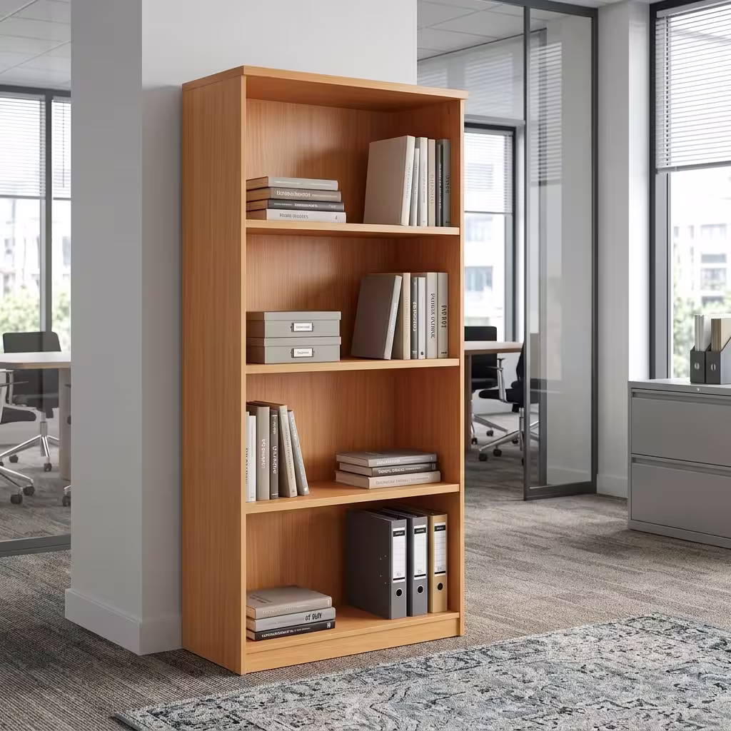Open Face Wooden Display Cabinet with warm wood finish, tall rectangular frame, multiple open shelves, broad side panels and spacious document compartments.