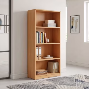 Open Face Wooden Display Cabinet with warm wood finish, tall rectangular frame, multiple open shelves, broad side panels and spacious document compartments.
