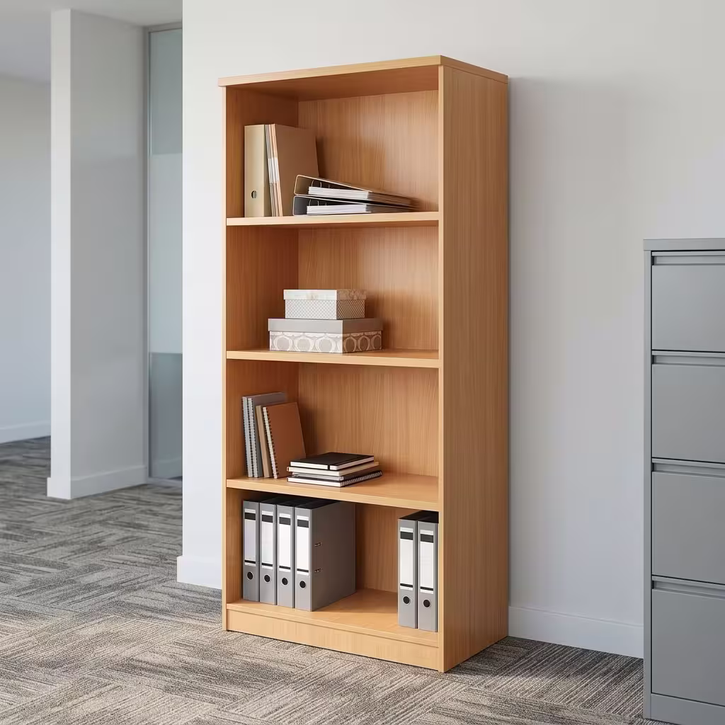 Open Face Wooden Display Cabinet with warm wood finish, tall rectangular frame, multiple open shelves, broad side panels and spacious document compartments.