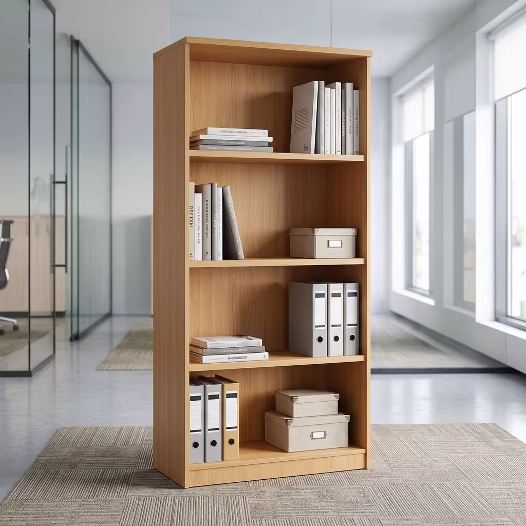 Open Face Wooden Display Cabinet with warm wood finish, tall rectangular frame, multiple open shelves, broad side panels and spacious document compartments.