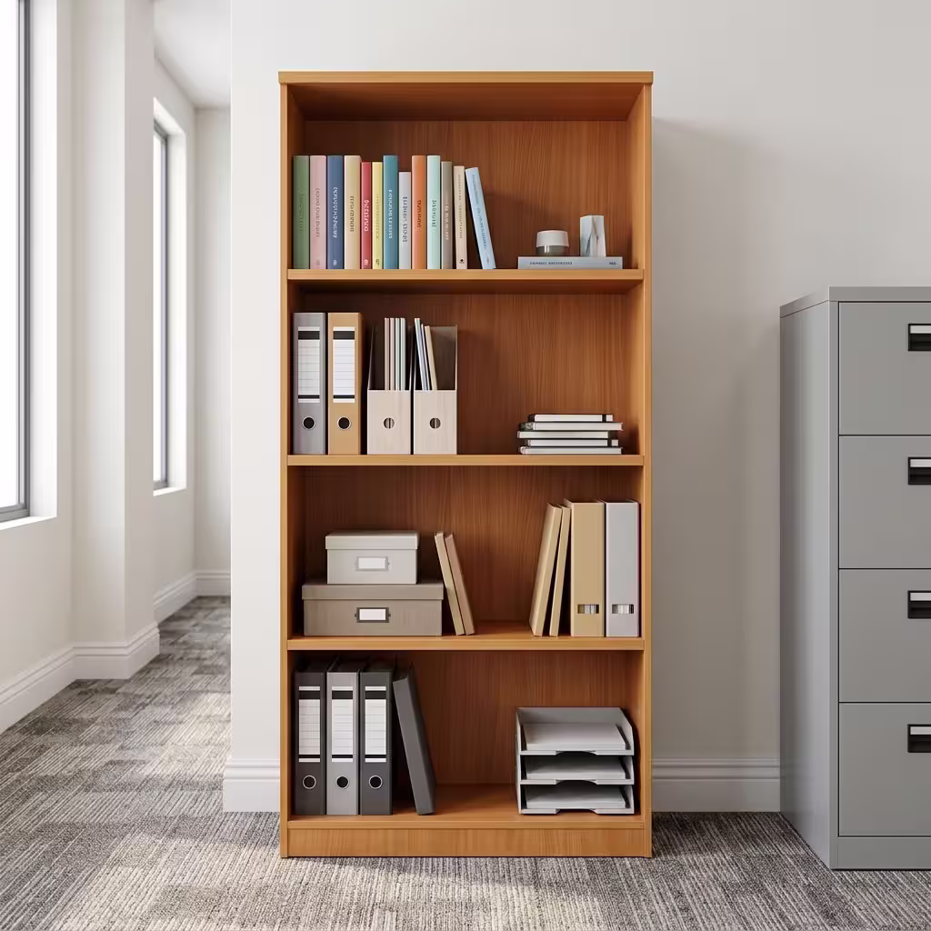 Open Face Wooden Display Cabinet with warm wood finish, tall rectangular frame, multiple open shelves, broad side panels and spacious document compartments.