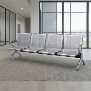 4-Link Heavy Duty Unpadded Bench with four silver metal seats, perforated backrests, curved end armrests, linked frame and angled support legs.