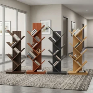 Multi Tier Vertical Book Organizer with a central upright panel, multiple angled branch-like shelves, rectangular base and dark, reddish-brown, black and light wood finishes.