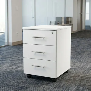 3-Drawer Mobile Pedestal Cabinet with white rectangular body, three front drawers, silver metal handles, upper drawer keyhole and black caster wheels.