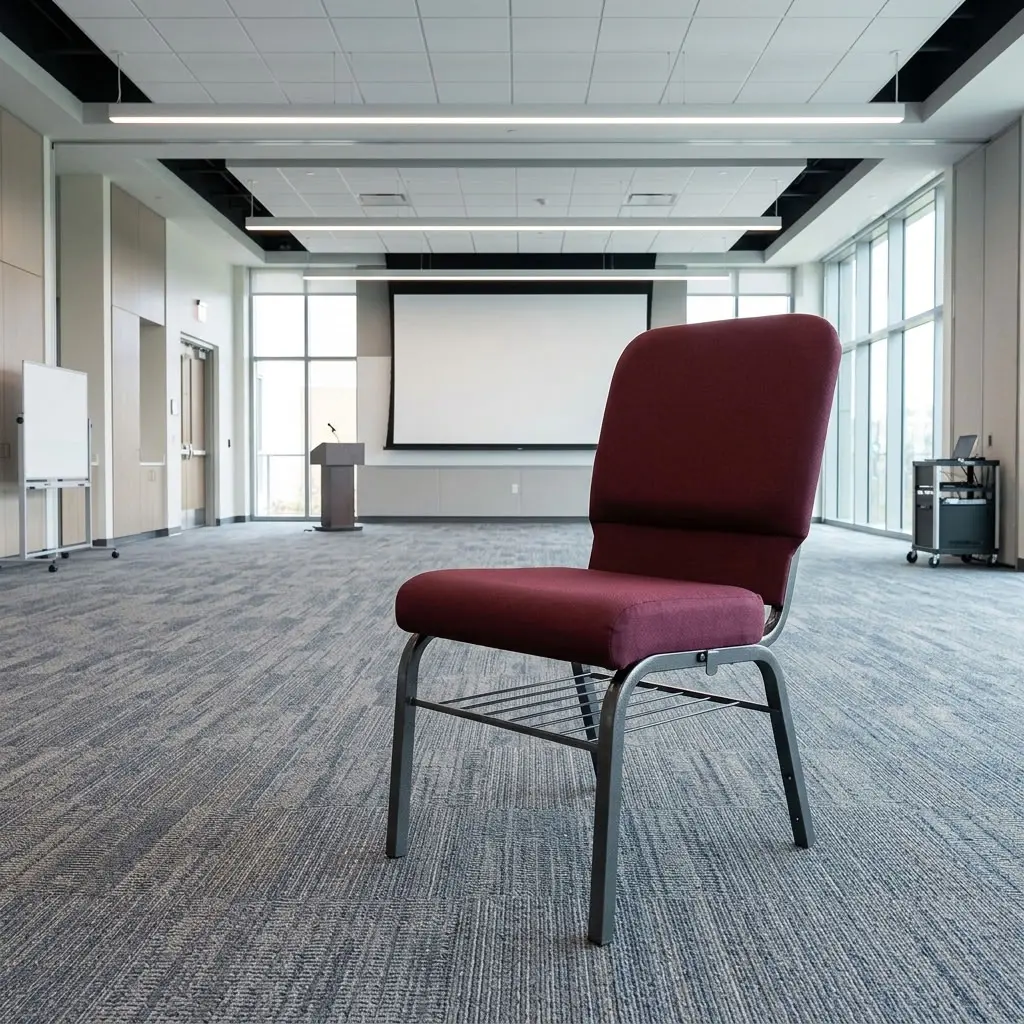 Modern Maroon Banquet Chair with maroon fabric upholstery, cushioned seat, high padded backrest, dark metal legs and horizontal frame supports.