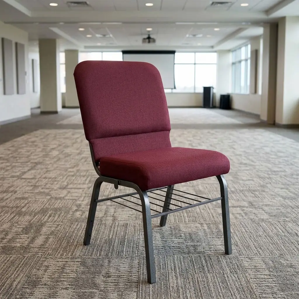 Modern Maroon Banquet Chair with maroon fabric upholstery, cushioned seat, high padded backrest, dark metal legs and horizontal frame supports.