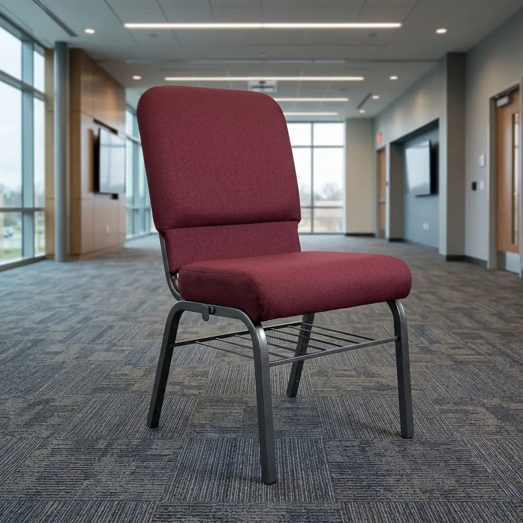 Modern Maroon Banquet Chair with maroon fabric upholstery, cushioned seat, high padded backrest, dark metal legs and horizontal frame supports.