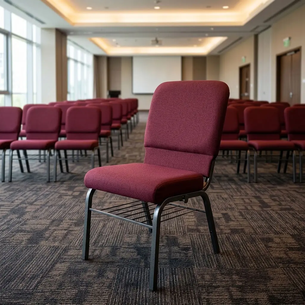 Modern Maroon Banquet Chair with maroon fabric upholstery, cushioned seat, high padded backrest, dark metal legs and horizontal frame supports.
