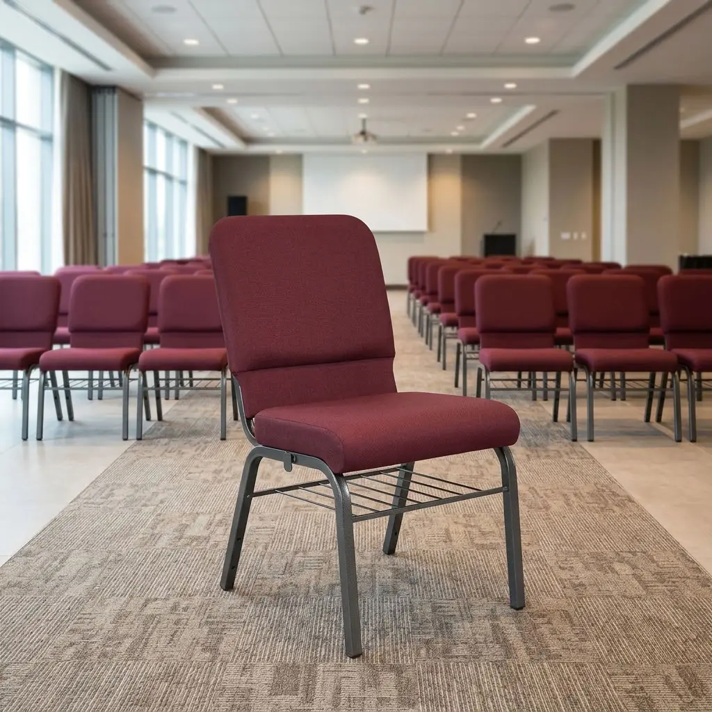Modern Maroon Banquet Chair with maroon fabric upholstery, cushioned seat, high padded backrest, dark metal legs and horizontal frame supports.