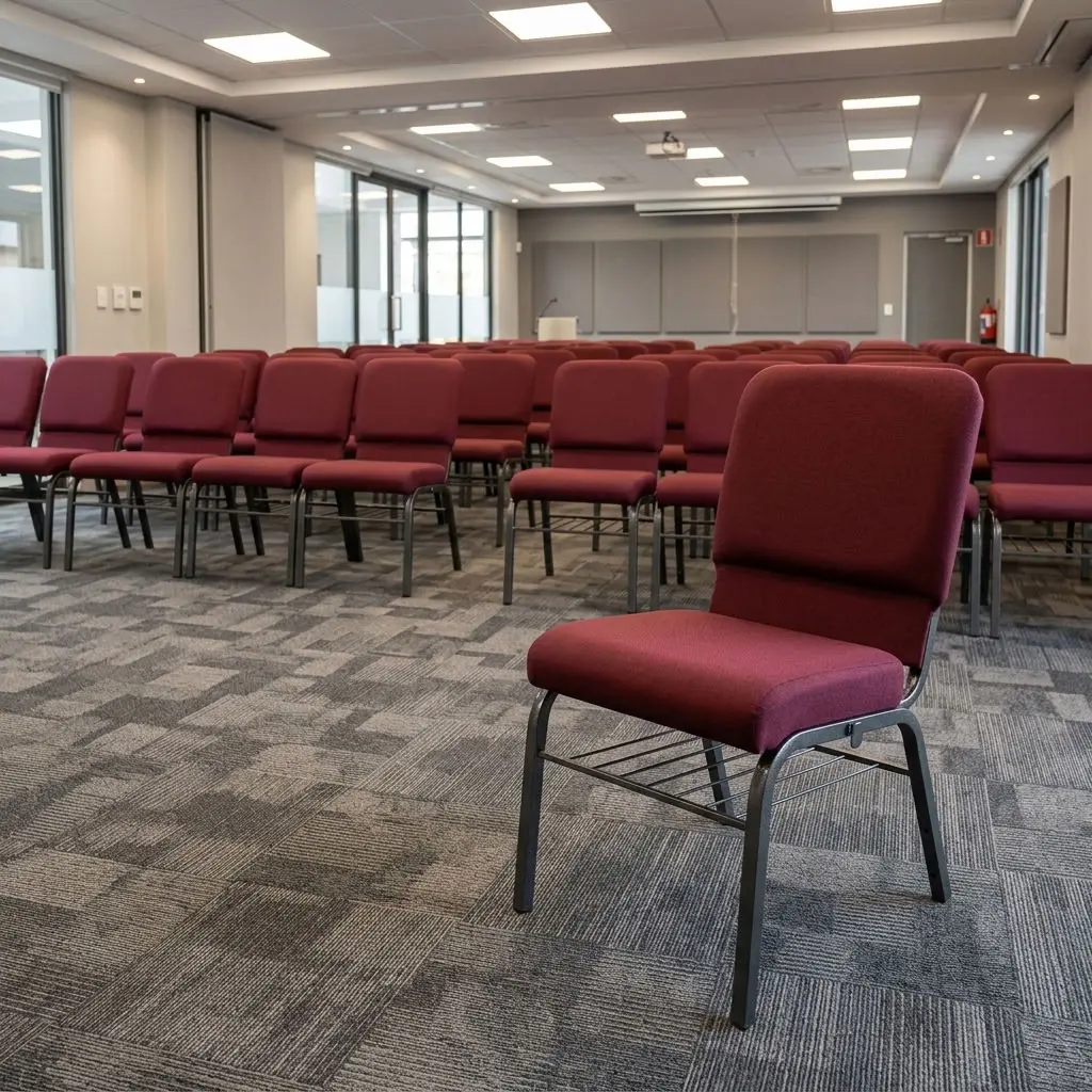Modern Maroon Banquet Chair with maroon fabric upholstery, cushioned seat, high padded backrest, dark metal legs and horizontal frame supports.