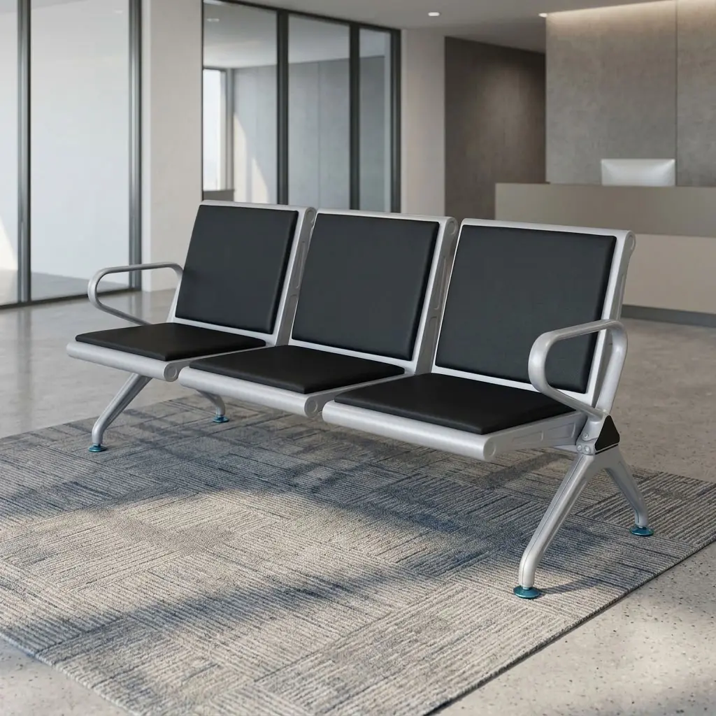 Black Leather Padded Link Chair with three black padded seats and backrests, silver metal frame, curved end armrests and angled support legs.