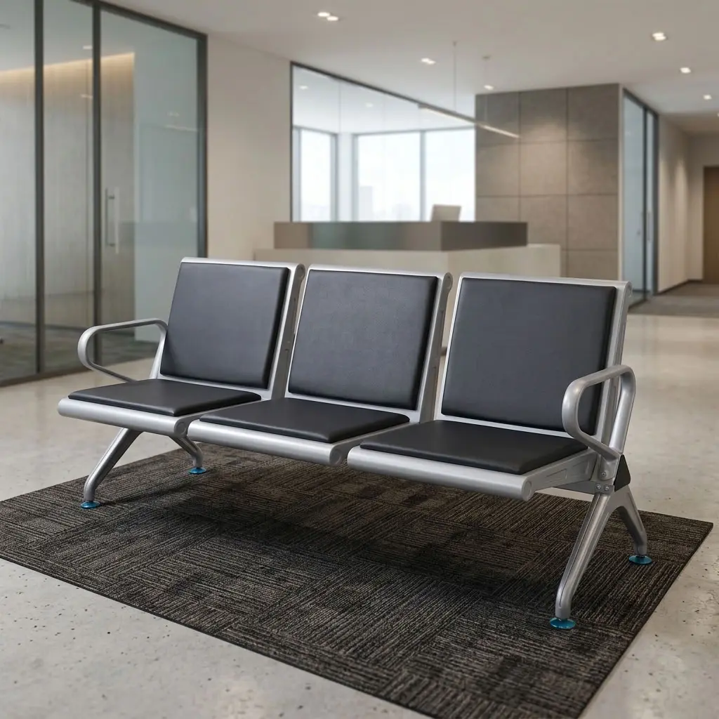 Black Leather Padded Link Chair with three black padded seats and backrests, silver metal frame, curved end armrests and angled support legs.