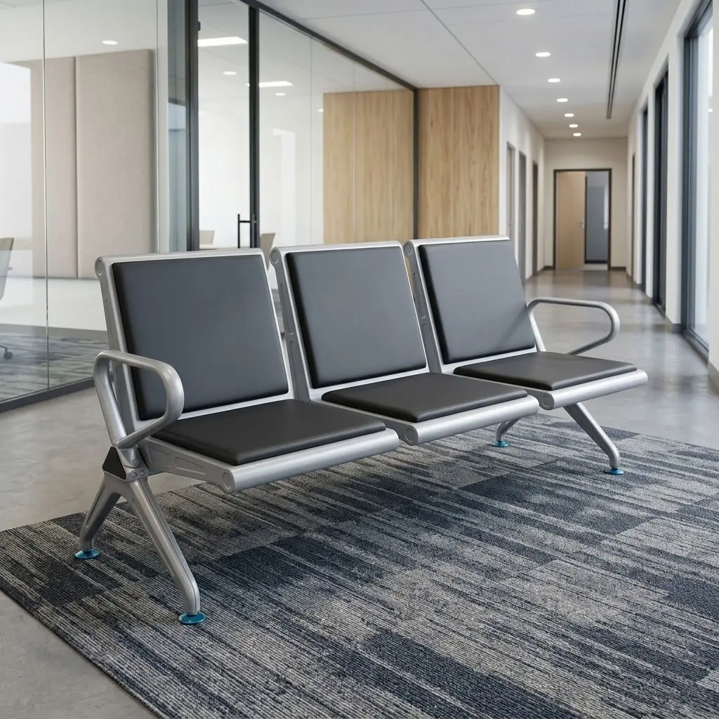 Black Leather Padded Link Chair with three black padded seats and backrests, silver metal frame, curved end armrests and angled support legs.