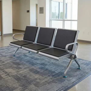 Black Leather Padded Link Chair with three black padded seats and backrests, silver metal frame, curved end armrests and angled support legs.