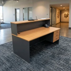 1.4m Custom Office Reception Desk with charcoal gray panels, wood-finish two-tier counter, rectangular worktop and three integrated drawers.