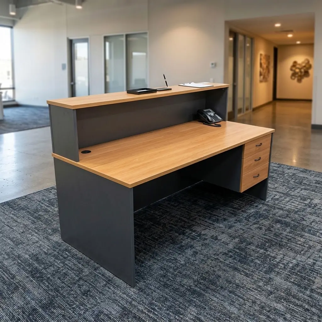 1.4m Custom Office Reception Desk with charcoal gray panels, wood-finish two-tier counter, rectangular worktop and three integrated drawers.