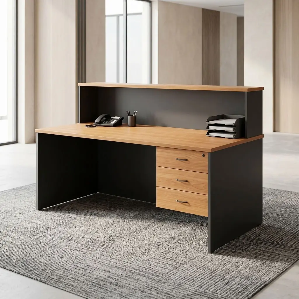 1.4m Custom Office Reception Desk with charcoal gray panels, wood-finish two-tier counter, rectangular worktop and three integrated drawers.