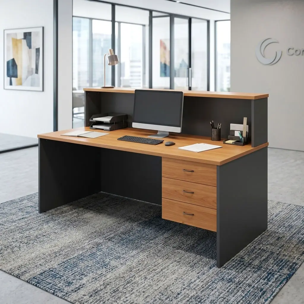 1.4m Custom Office Reception Desk with charcoal gray panels, wood-finish two-tier counter, rectangular worktop and three integrated drawers.