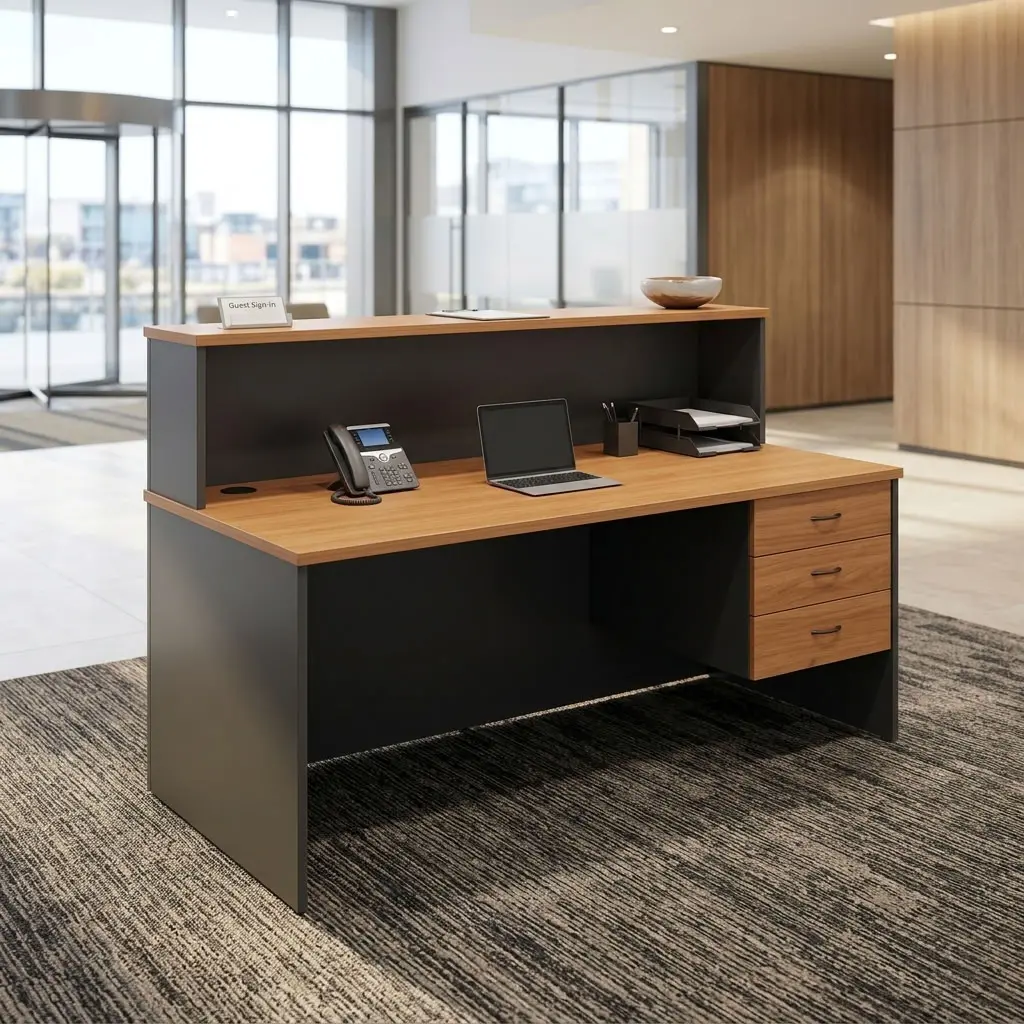 1.4m Custom Office Reception Desk with charcoal gray panels, wood-finish two-tier counter, rectangular worktop and three integrated drawers.