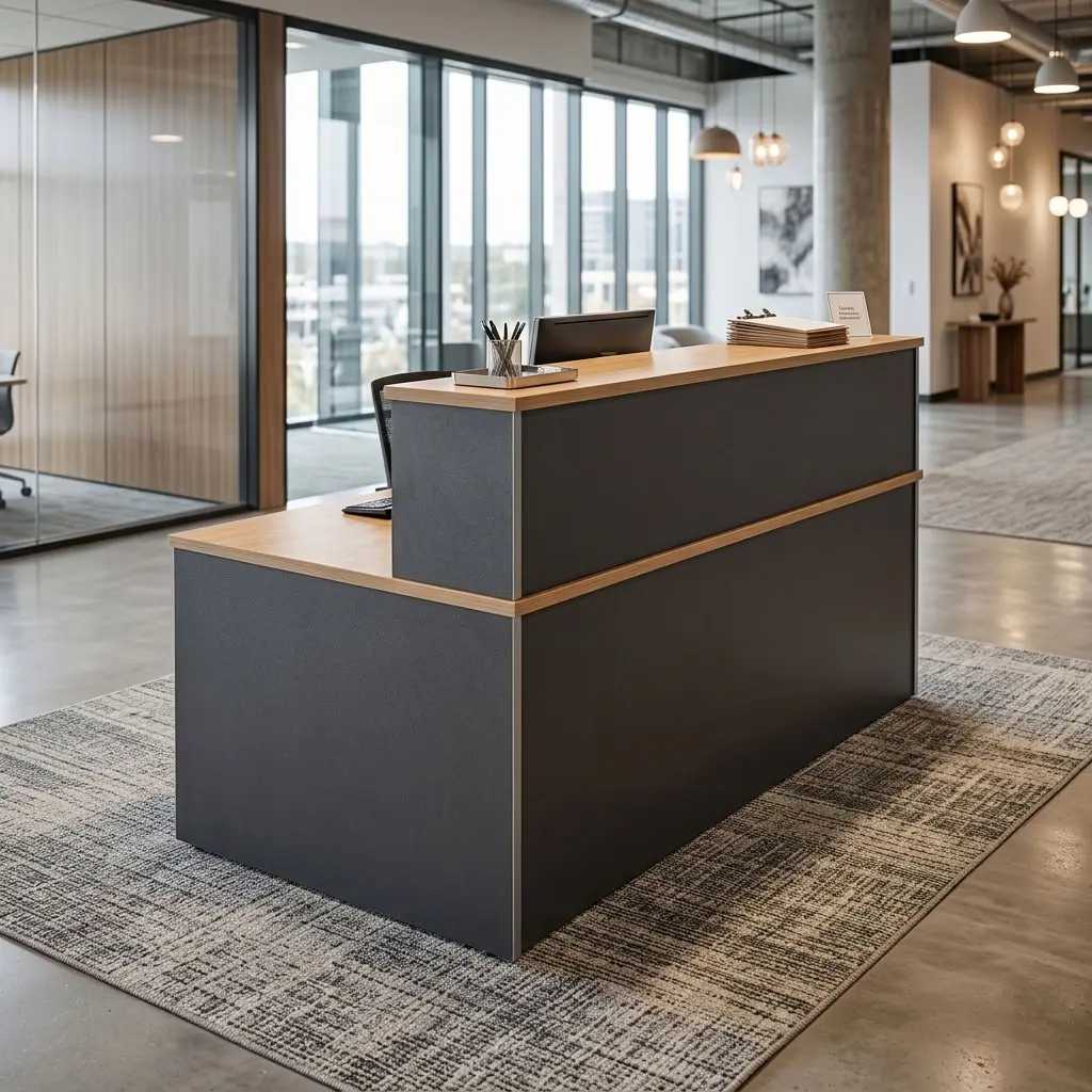 1.4m Custom Office Reception Desk with charcoal gray panels, wood-finish two-tier counter, rectangular worktop and three integrated drawers.