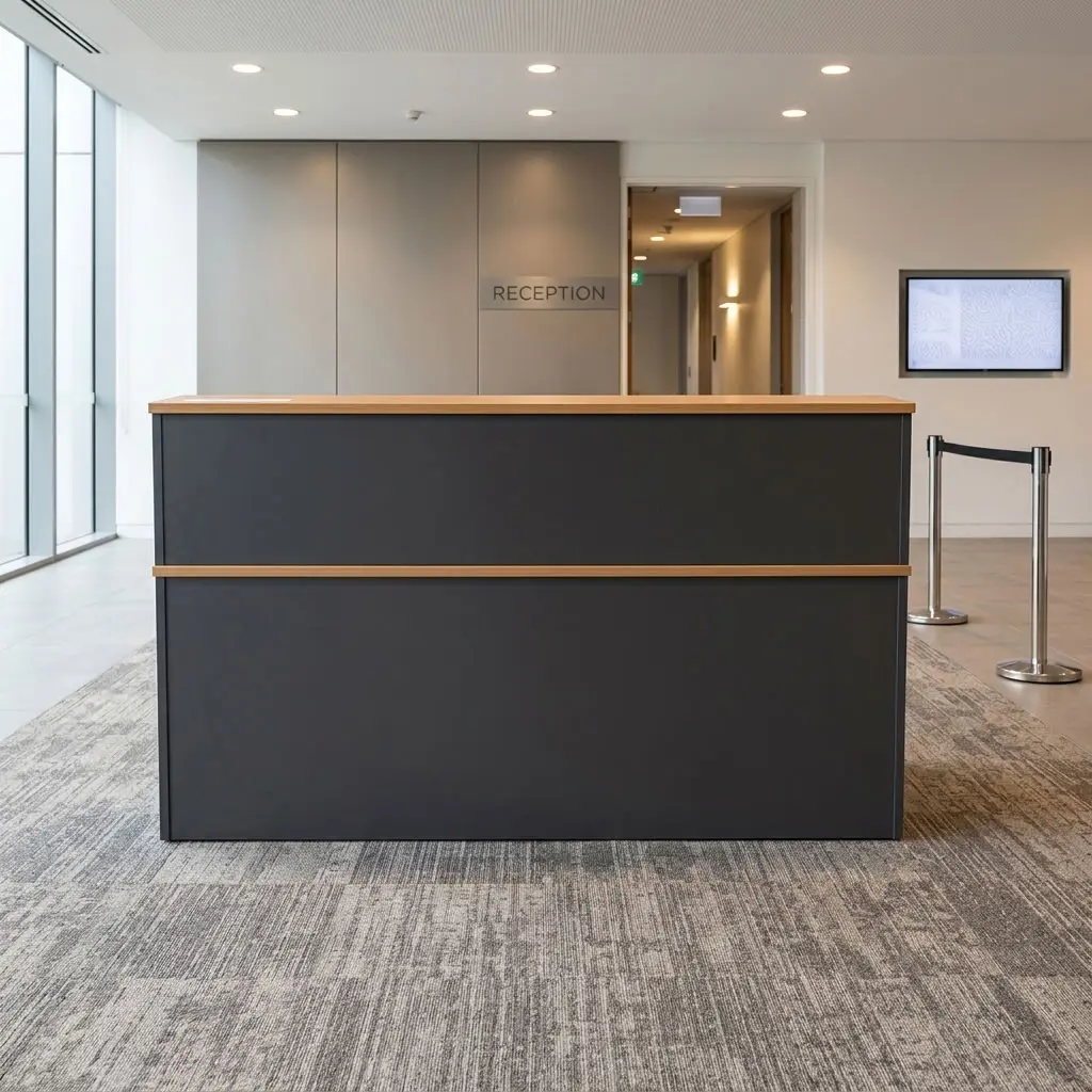 1.4m Custom Office Reception Desk with charcoal gray panels, wood-finish two-tier counter, rectangular worktop and three integrated drawers.