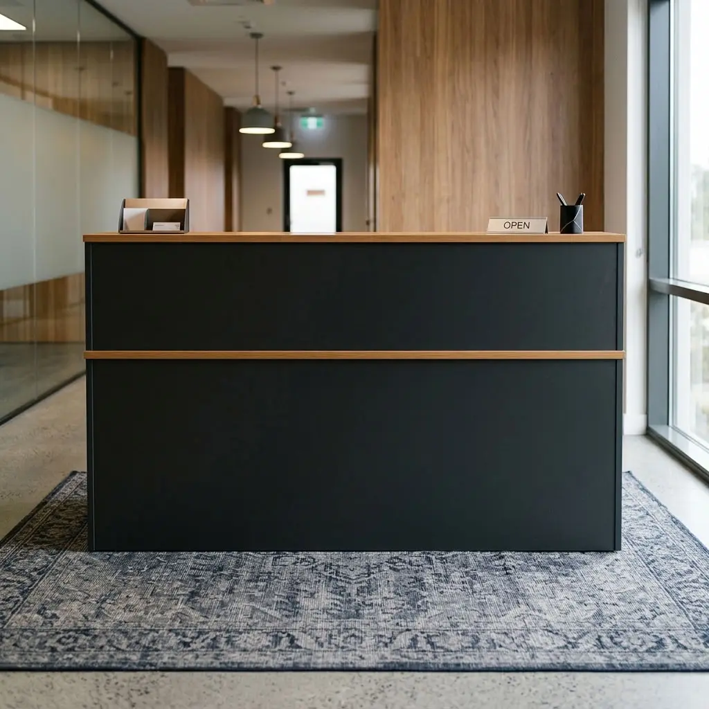 1.4m Custom Office Reception Desk with charcoal gray panels, wood-finish two-tier counter, rectangular worktop and three integrated drawers.