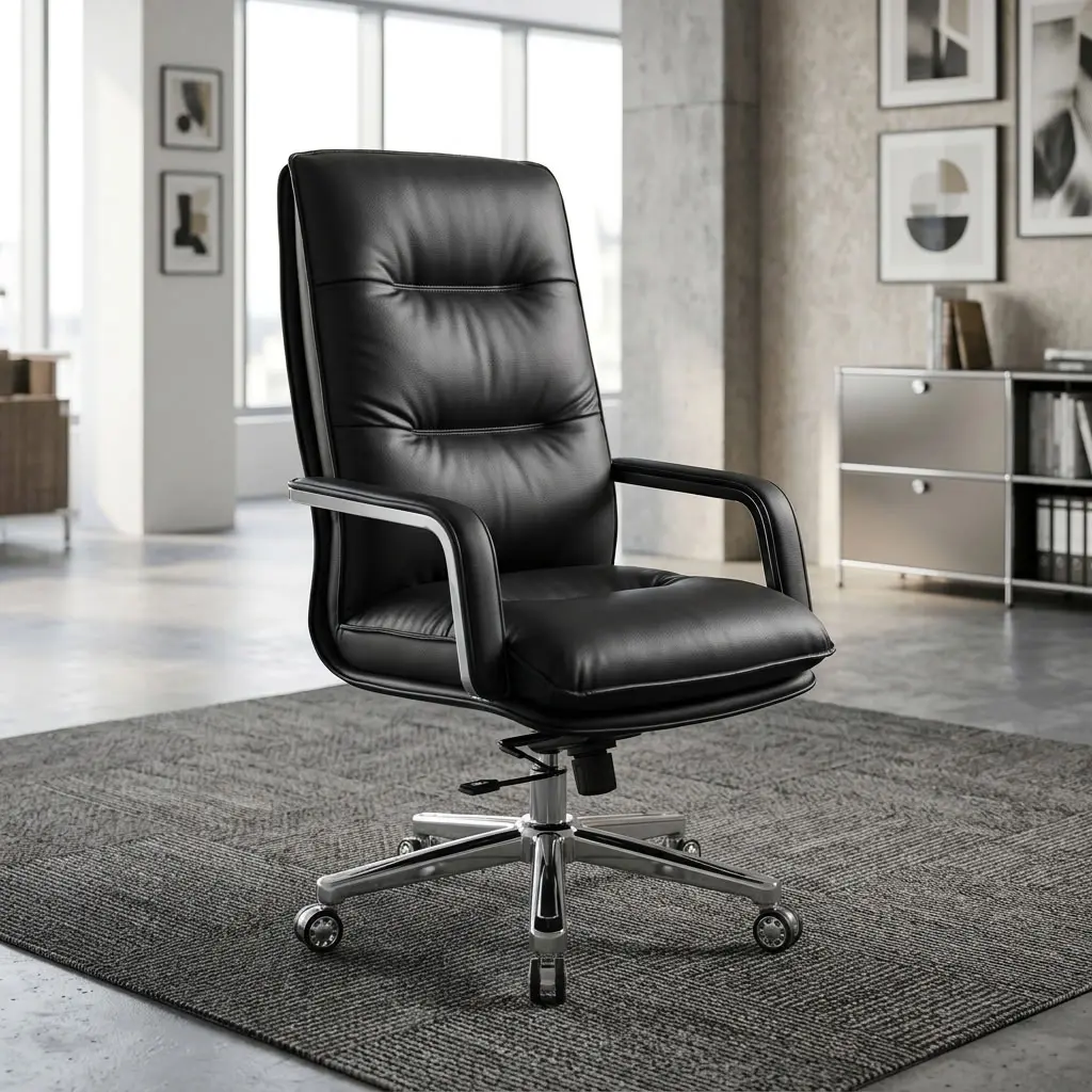 Luxury Black Leather Boss Chair with padded high backrest, cushioned black seat, curved armrests, chrome five-star swivel base and caster wheels.
