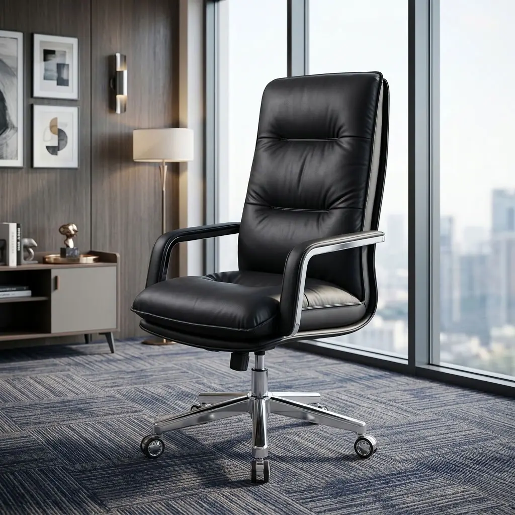 Luxury Black Leather Boss Chair with padded high backrest, cushioned black seat, curved armrests, chrome five-star swivel base and caster wheels.