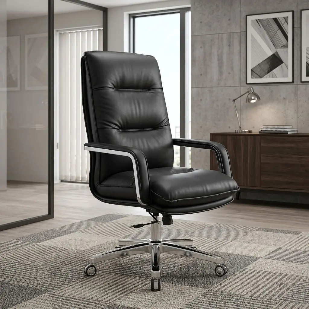 Luxury Black Leather Boss Chair with padded high backrest, cushioned black seat, curved armrests, chrome five-star swivel base and caster wheels.