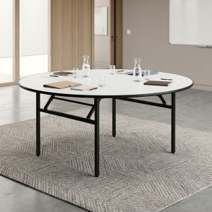 1.5m Foldable Events Table with a round white tabletop, black edge trim, folding black metal legs and crossbar support frame.