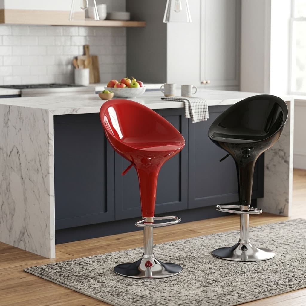 Modern Swivel Adjustable Bar Stool in glossy red and black finishes with curved seats, chrome pedestal bases, circular footrests and height levers.