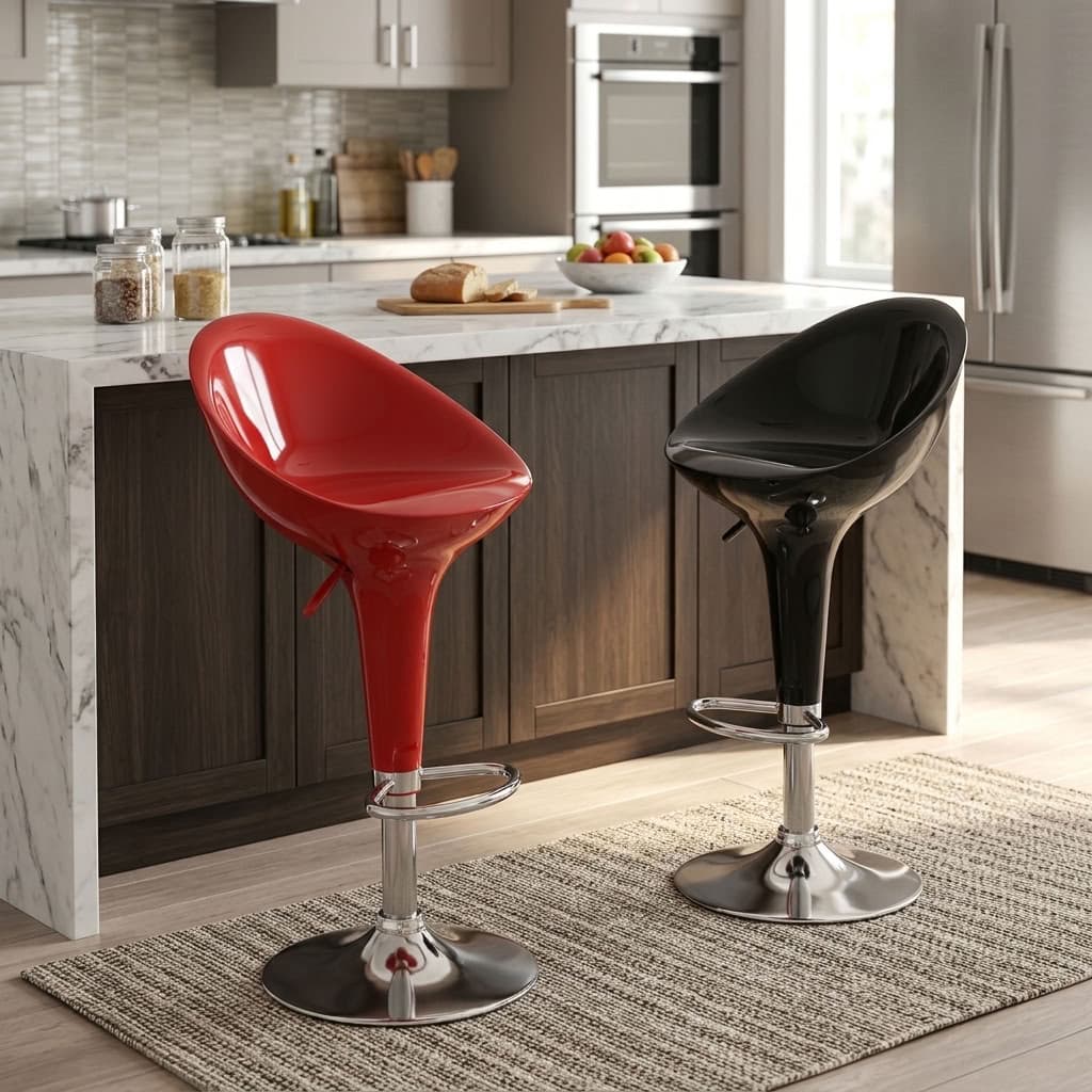 Modern Swivel Adjustable Bar Stool in glossy red and black finishes with curved seats, chrome pedestal bases, circular footrests and height levers.