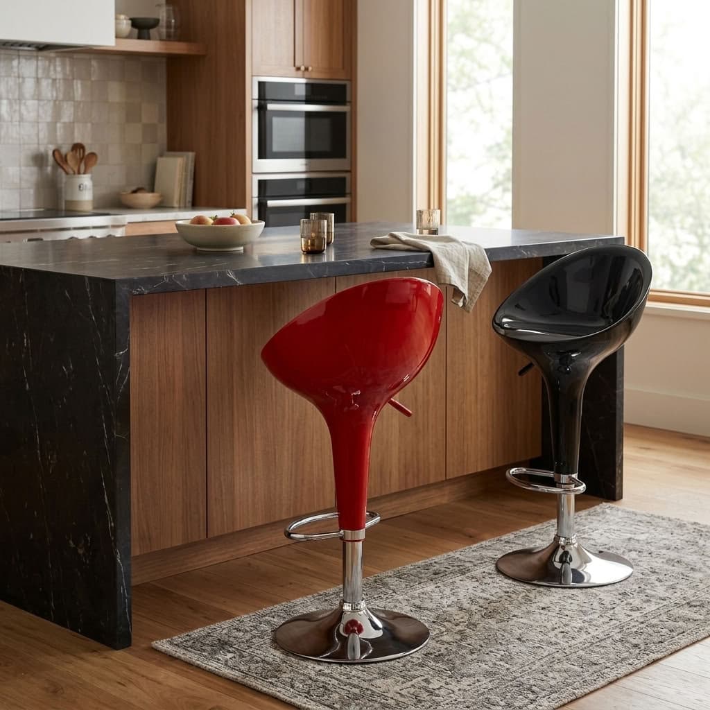 Modern Swivel Adjustable Bar Stool in glossy red and black finishes with curved seats, chrome pedestal bases, circular footrests and height levers.