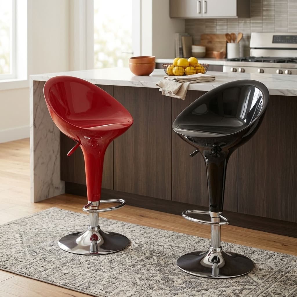 Modern Swivel Adjustable Bar Stool in glossy red and black finishes with curved seats, chrome pedestal bases, circular footrests and height levers.
