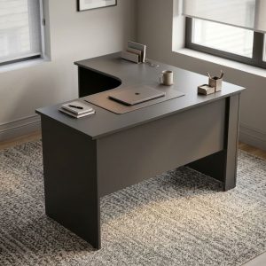 1.4m L-Shaped Desk with Storage in dark gray, featuring a wide worktop, curved inner corner, three side drawers and solid panel supports.
