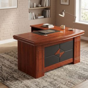 1.4m Manager’s Office Desk with mahogany-style finish, black decorative front panel, rounded desktop edges, two cable grommets, mobile pedestal and matching side cabinet.
