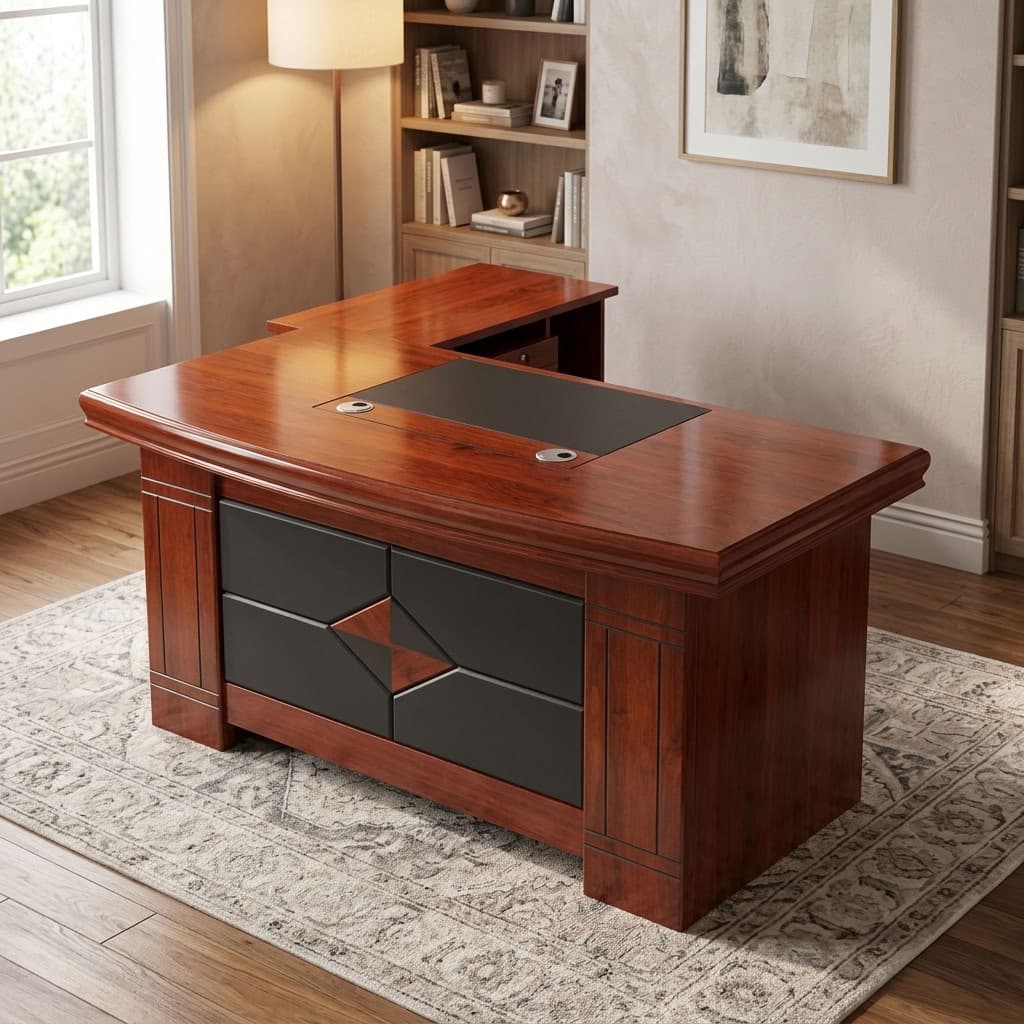 1.4m Manager’s Office Desk with mahogany-style finish, black decorative front panel, rounded desktop edges, two cable grommets, mobile pedestal and matching side cabinet.