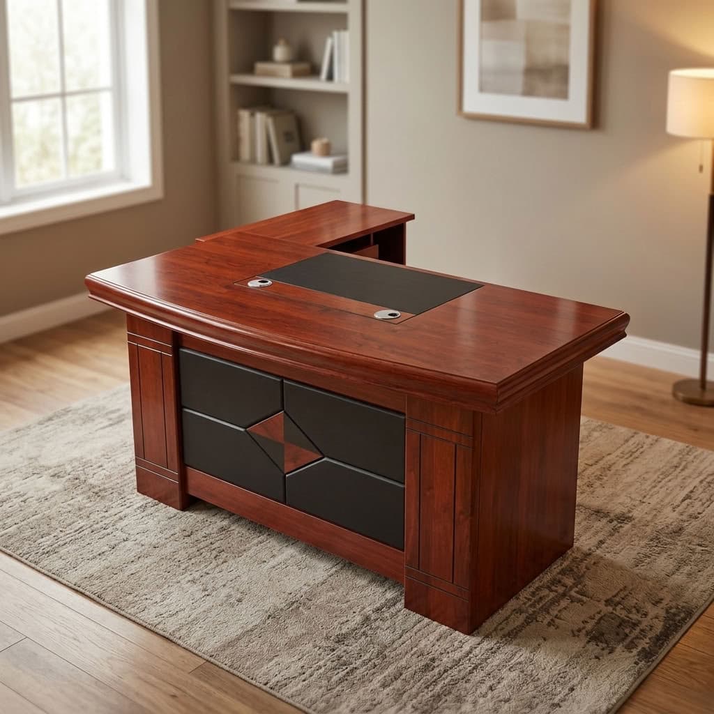 1.4m Manager’s Office Desk with mahogany-style finish, black decorative front panel, rounded desktop edges, two cable grommets, mobile pedestal and matching side cabinet.