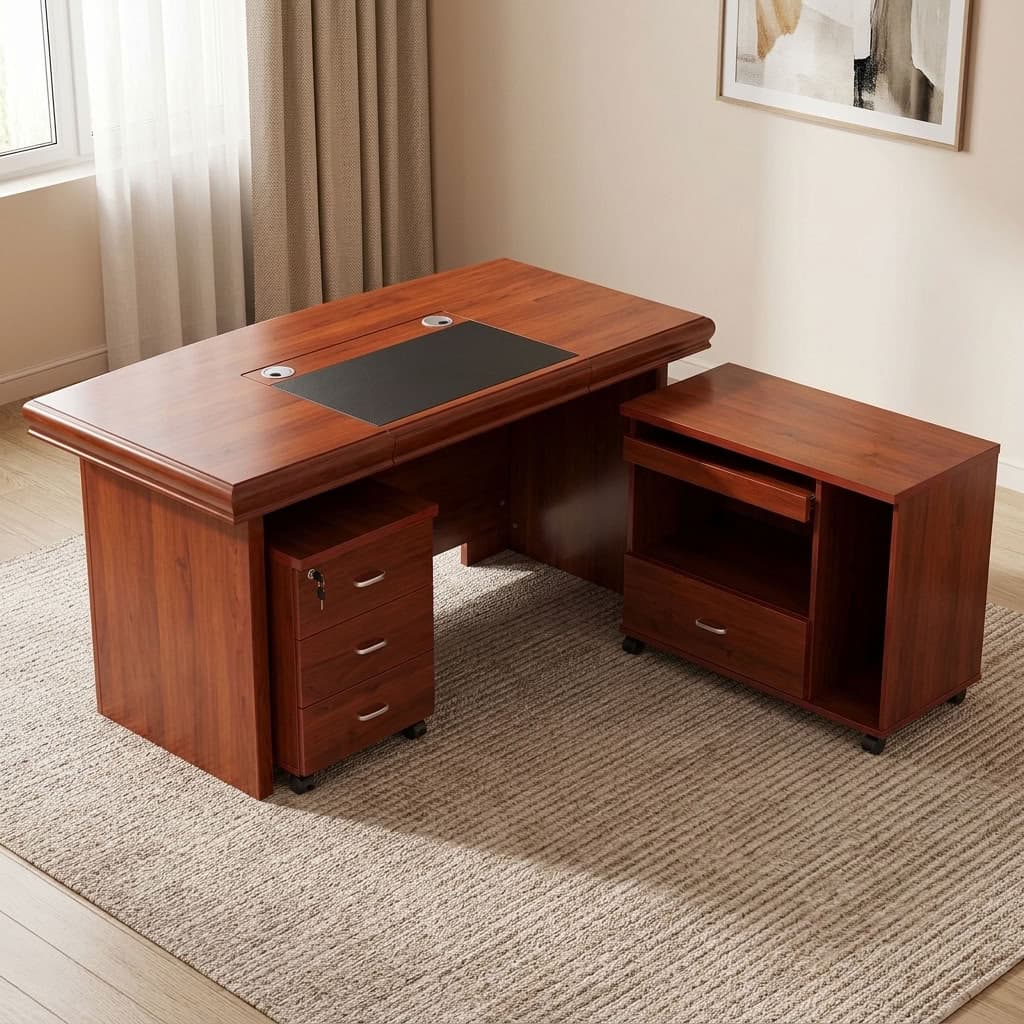 1.4m Manager’s Office Desk with mahogany-style finish, black decorative front panel, rounded desktop edges, two cable grommets, mobile pedestal and matching side cabinet.
