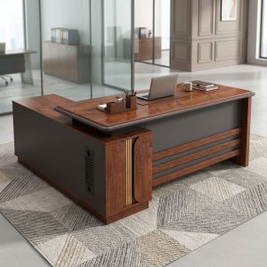 1.8m Executive Office Desk with brown wood-look floating tabletop, L-shaped side return, dark gray modesty panel, horizontal wood trim and gold-tone accents.