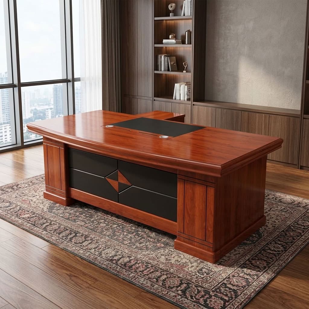 2m Mahogany Executive Desk with glossy reddish-brown tabletop, black writing insert, cable management openings, decorative black modesty panel, mobile pedestal and matching side cabinet.