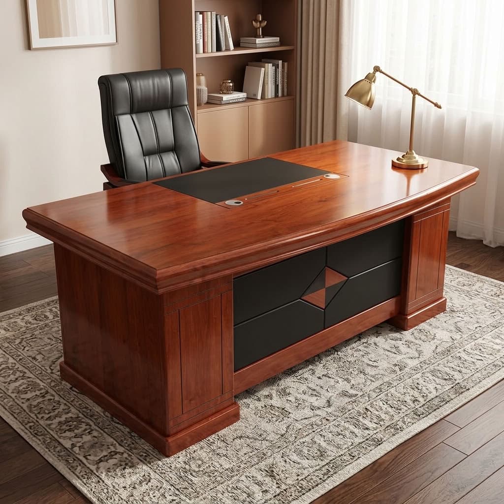 2m Mahogany Executive Desk with glossy reddish-brown tabletop, black writing insert, cable management openings, decorative black modesty panel, mobile pedestal and matching side cabinet.