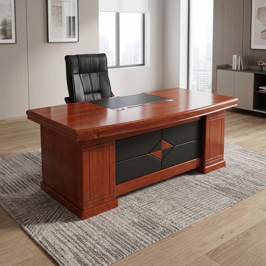 2m Mahogany Executive Desk with glossy reddish-brown tabletop, black writing insert, cable management openings, decorative black modesty panel, mobile pedestal and matching side cabinet.