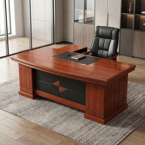 2m Mahogany Executive Desk with glossy reddish-brown tabletop, black writing insert, cable management openings, decorative black modesty panel, mobile pedestal and matching side cabinet.